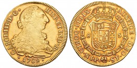 Carlos III (1759-1788). 8 escudos. 1789. Popayán. SF. (Cal-143). (Cal onza-826). Au. 26,96 g. Resto de soldadura a las 12h. Tono rojizo. MBC+/EBC-. Es...