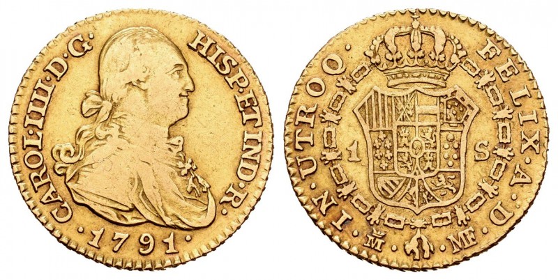 Carlos IV (1788-1808). 1 escudo. 1791. Madrid. MF. (Cal-490). Au. 3,33 g. BC+/MB...