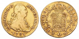 Carlos IV (1788-1808). 1 escudo. 1791. Madrid. MF. (Cal-490). Au. 3,33 g. BC+/MBC-. Est...120,00.