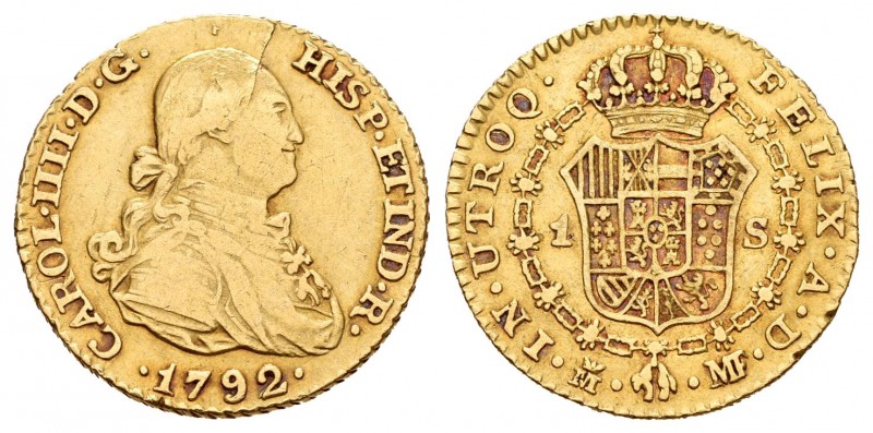 Carlos IV (1788-1808). 1 escudo. 1792. Madrid. MF. (Cal-491). Au. 3,36 g. Hoja e...