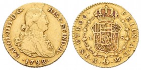 Carlos IV (1788-1808). 1 escudo. 1792. Madrid. MF. (Cal-491). Au. 3,36 g. Hoja en anverso. BC/MBC-. Est...120,00.