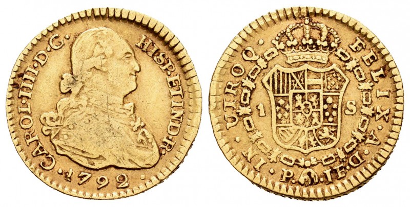 Carlos IV (1788-1808). 1 escudo. 1792. Popayán. JF. (Cal-523). Au. 3,36 g. BC+/M...