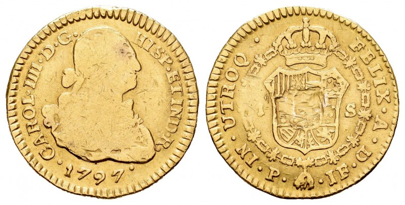 Carlos IV (1788-1808). 1 escudo. 1797. Popayán. JF. (Cal-528). Au. 3,32 g. Solda...