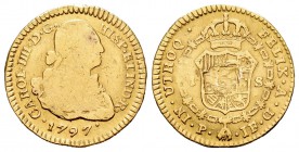 Carlos IV (1788-1808). 1 escudo. 1797. Popayán. JF. (Cal-528). Au. 3,32 g. Soldadura reparada en el escudo. BC. Est...100,00.