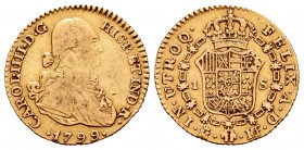 Carlos IV (1788-1808). 1 escudo. 1799. Madrid. MF. (Cal-498). Au. 3,35 g. BC+. Est...110,00.