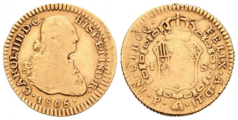 Carlos IV (1788-1808). 1 escudo. 1806. Popayán. JT. (Cal-540). Au. 3,23 g. Escas...