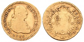 Carlos IV (1788-1808). 1 escudo. 1806. Popayán. JT. (Cal-540). Au. 3,23 g. Escasa. BC+. Est...150,00.
