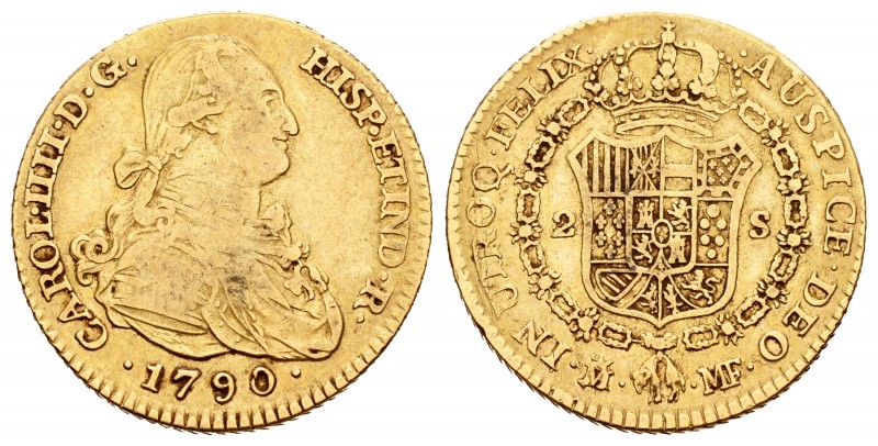 Carlos IV (1788-1808). 2 escudos. 1790. Madrid. MF. (Cal-324). Au. 6,59 g. MBC-....
