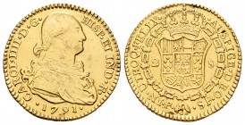 Carlos IV (1788-1808). 2 escudos. 1791. Popayán. SF. (Cal-377). Au. 6,62 g. Estuvo en aro. MBC. Est...210,00.