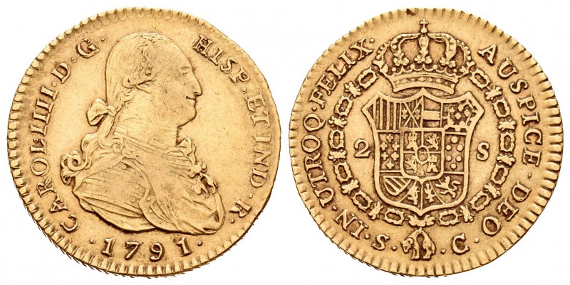 Carlos IV (1788-1808). 2 escudos. 1791. Sevilla. C. (Cal-444). Au. 6,70 g. MBC-....