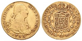 Carlos IV (1788-1808). 2 escudos. 1793. Madrid. MF. (Cal-326). Au. 6,64 g.  Golpe en el canto. BC+/MBC-. Est...210,00.