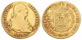 Carlos IV (1788-1808). 2 escudos. 1793. Madrid. MF. (Cal-326). Au. 6,58 g. BC. Est...200,00.