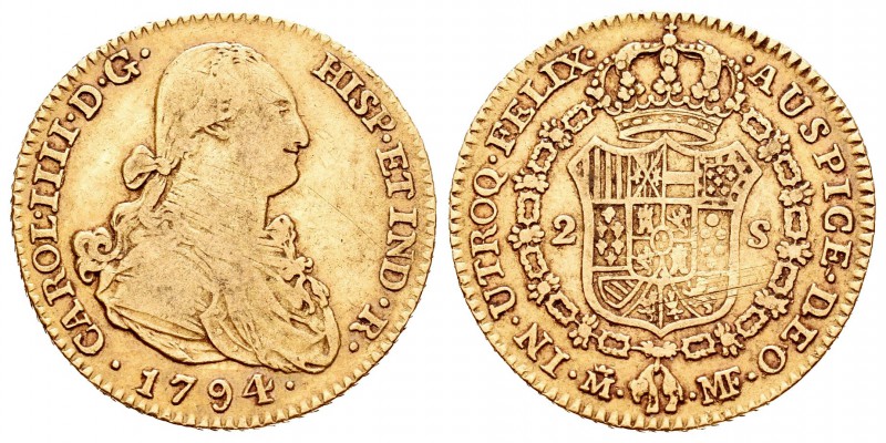 Carlos IV (1788-1808). 2 escudos. 1794. Madrid. MF. (Cal-328). Au. 6,66 g. BC+. ...