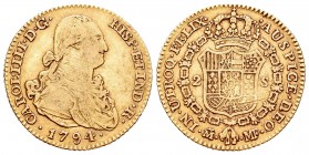 Carlos IV (1788-1808). 2 escudos. 1794. Madrid. MF. (Cal-328). Au. 6,66 g. BC+. Est...200,00.
