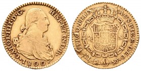 Carlos IV (1788-1808). 2 escudos. 1800. Madrid. MF. (Cal-338). Au. 6,73 g. Hojitas en reverso. BC+. Est...210,00.