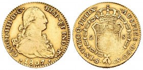 Carlos IV (1788-1808). 2 escudos. 1807. Sevilla. CN. (Cal-459). Au. 6,75 g. BC+/MBC-. Est...220,00.