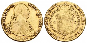 Carlos IV (1788-1808). 2 escudos. 1807. Sevilla. CN. (Cal-459). Au. 6,18 g. Escasa. BC+/MBC-. Est...260,00.