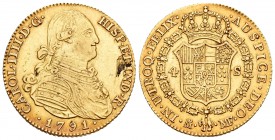 Carlos IV (1788-1808). 4 escudos. 1791. Madrid. MF. (Cal-201). Au. 13,42 g. Hoja en anverso. MBC+. Est...420,00.