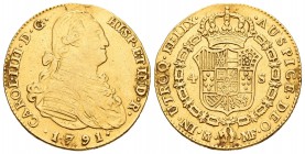 Carlos IV (1788-1808). 4 escudos. 1791. Madrid. MF. (Cal-201). Au. 13,40 g. Fue utilizada como joya. MBC-/MBC. Est...400,00.