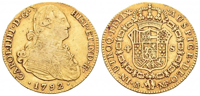 Carlos IV (1788-1808). 4 escudos. 1792. Madrid. MF. (Cal-202). Au. 13,47 g. BC+/...