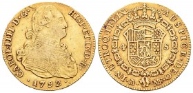 Carlos IV (1788-1808). 4 escudos. 1792. Madrid. MF. (Cal-202). Au. 13,47 g. BC+/MBC-. Est...375,00.