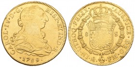 Carlos IV (1788-1808). 8 escudos. 1789. México. FM. (Cal-36). (Cal onza-1015). Au. 26,93 g. Busto de Carlos III y ordinal IV. Resto de soldadura a las...
