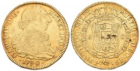 Carlos IV (1788-1808). 8 escudos. 1790. Popayán. SF. (Cal-67). (Cal onza-1049). Au. 27,00 g. Busto de Carlos III y ordinal IV. Golpes de punzón en rev...