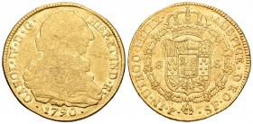 Carlos IV (1788-1808). 8 escudos. 1790. Popayán. SF. (Cal-67). (Cal onza-1049). Au. 26,98 g. Busto de Carlos III y ordinal IV. Fue utilizada como joya...
