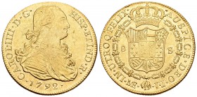 Carlos IV (1788-1808). 8 escudos. 1792. Lima. IJ. (Cal-9). (Cal onza-982). Au. 26,96 g. Pequeñas marcas en anverso. MBC+. Est...900,00.