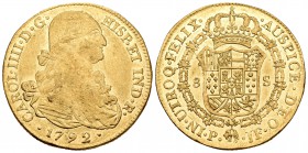 Carlos IV (1788-1808). 8 escudos. 1792. Popayán. JF. (Cal-70). (Cal onza-1052). Au. 26,98 g. Restos de brillo original en reverso. BC/MBC+. Est...850,...
