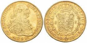 Carlos IV (1788-1808). 8 escudos. 1792. Santa Fe de Nuevo Reino. JJ. (Cal-121). (Cal onza-1121). Au. 27,00 g. Trazo del 9 curvo. MBC-. Est...875,00.
