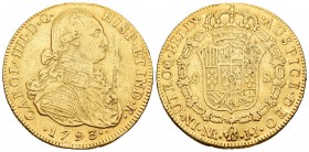 Carlos IV (1788-1808). 8 escudos. 1793. Santa Fe de Nuevo Reino. JJ. (Cal-122). (Cal onza-1123). Au. 26,86 g. Hojitas y rayitas. BC+. Est...850,00.