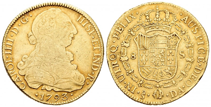 Carlos IV (1788-1808). 8 escudos. 1793. Santiago. DA. (Cal-152). (Cal onza-1157)...