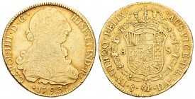 Carlos IV (1788-1808). 8 escudos. 1793. Santiago. DA. (Cal-152). (Cal onza-1157). Au. 26,98 g. Hojita en anverso y golpes en el canto. MBC-. Est...875...