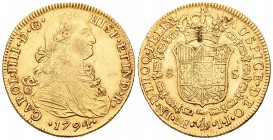 Carlos IV (1788-1808). 8 escudos. 1794. Lima. IJ. (Cal-11). (Cal onza-985). Au. 26,97 g. Hojas en reverso. MBC-. Est...875,00.