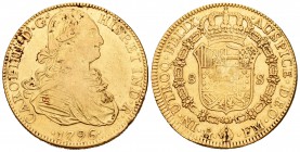 Carlos IV (1788-1808). 8 escudos. 1796. México. FM. (Cal-45). (Cal onza-1026). Au. 27,00 g. BC+/MBC-. Est...850,00.