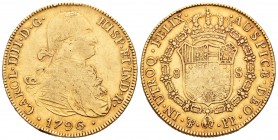 Carlos IV (1788-1808). 8 escudos. 1796. Potosí. PP. (Cal-103). (Cal onza-1095). Au. 26,83 g. Golpecitos en el canto. MBC-/MBC. Est...900,00.