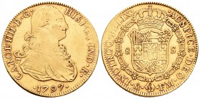 Carlos IV (1788-1808). 8 escudos. 1797. México. FM. (Cal-47). (Cal onza-1028). Au. 26,90 g. MBC-/MBC. Est...900,00.
