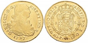 Carlos IV (1788-1808). 8 escudos. 1797. Popayán. JF. (Cal-76). (Cal onza-1060). Au. 26,89 g. BC+/MBC. Est...900,00.