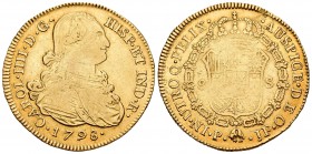 Carlos IV (1788-1808). 8 escudos. 1798. Popayán. JF. (Cal-77). (Cal onza-1061). Au. 26,86 g. Estuvo en aro. MBC-. Est...875,00.