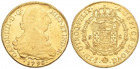 Carlos IV (1788-1808). 8 escudos. 1798. Santiago. DA. (Cal-157). (Cal onza-1163). Au. 26,93 g. Mínimas hojitas en anverso. Restos de brillo original. ...