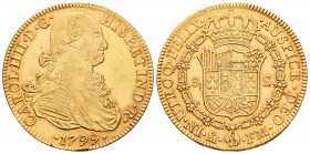 Carlos IV (1788-1808). 8 escudos. 1799. México. FM. (Cal-51). (Cal onza-1032). 26,96 g. MBC+. Est...950,00.