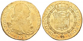 Carlos IV (1788-1808). 8 escudos. 1803. Popayán. JF. (Cal-82). (Cal onza-1066). Au. 26,88 g. Golpes. BC+/MBC. Est...900,00.