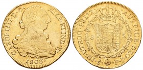 Carlos IV (1788-1808). 8 escudos. 1803. Santiago. FJ. (Cal-165). (Cal onza-1174). Au. 26,84 g. BC+. Est...900,00.