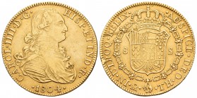 Carlos IV (1788-1808). 8 escudos. 1804. México. TH. (Cal-59). (Cal onza-1040). Au. 26,95 g. MBC+. Est...900,00.
