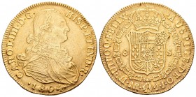 Carlos IV (1788-1808). 8 escudos. 1804. Santa Fe de Nuevo Reino. JJ. (Cal-139). (Cal onza-1142). Au. 26,96 g. Golpes en el canto. MBC. Est...900,00.