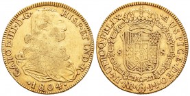 Carlos IV (1788-1808). 8 escudos. 1804. Santa Fe de Nuevo Reino. JJ. (Cal-139). (Cal onza-1142). Au. 26,93 g. BC+. Est...900,00.