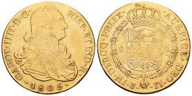 Carlos IV (1788-1808). 8 escudos. 1805. Potosí. PJ. (Cal-112). (Cal onza-1104). Au. 25,06 g. Hojita en reverso a las 12h. Peso bajo. BC+. Est...875,00...