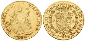 Carlos IV (1788-1808). 8 escudos. 1806. México. TH. (Cal-61). (Cal onza-1042). Au. 26,91 g. MBC/MBC+. Est...900,00.