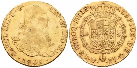 Carlos IV (1788-1808). 8 escudos. 1808. Potosí. PJ. (Cal-115). (Cal onza-1108). Au. 26,96 g. Hojita en reverso y golpecitos. MBC-/MBC. Est...900,00.